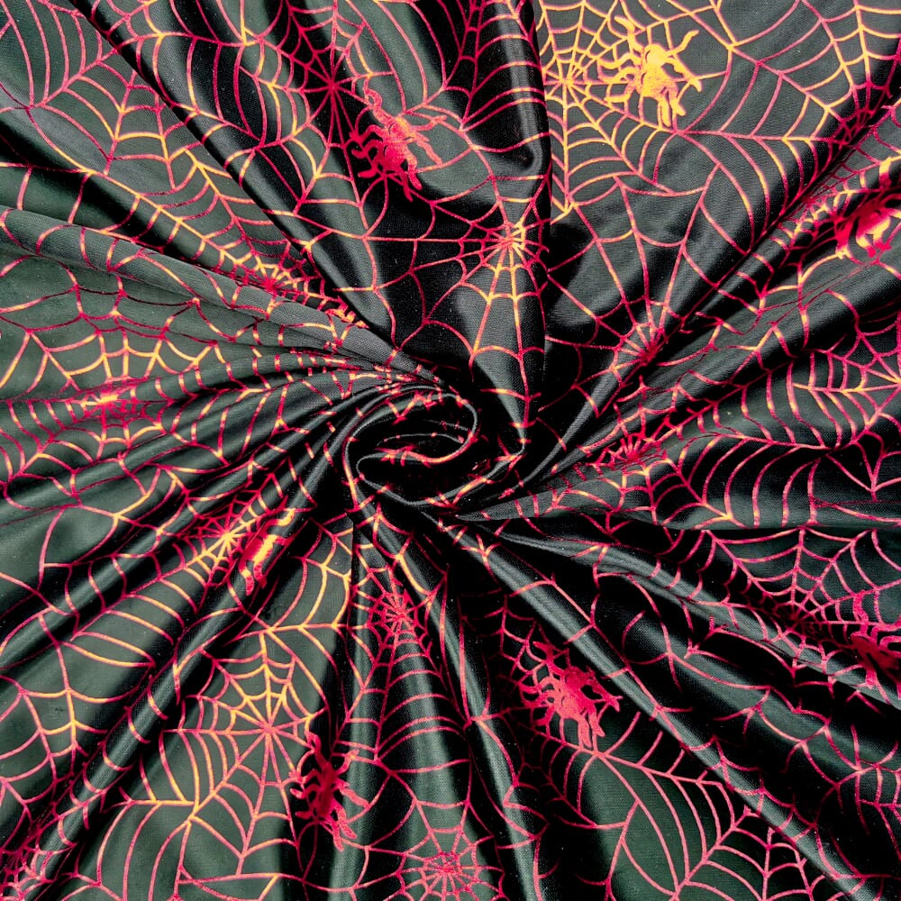 Halloween Fabric Red Spiders Web